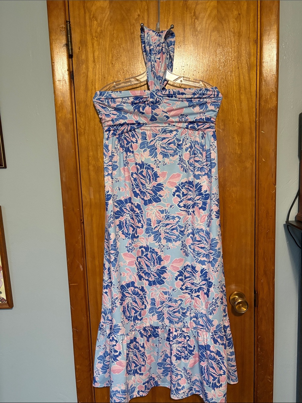 NWOT Grace Karin Halter Floral Maxi Dress in Light Blue and Pink - Size S